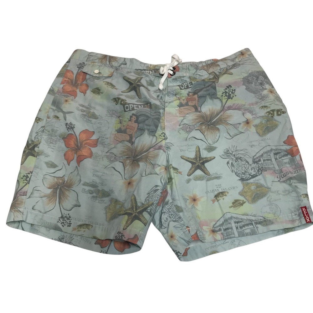 Tommy Bahama Relax Mens XL Swim Trunks Hawaiian Island Map Hula Girl Blue Shorts
